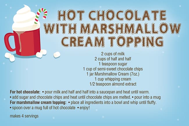 Hot Chocolate with Marshmallow Cream Topping | Free Recipe Card Printable