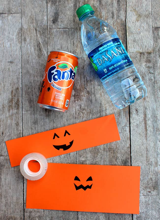 Pumpkin water bottle and mini soda printable. #free #printable #spookysnacks