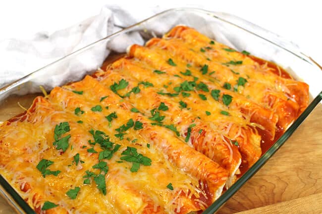 Chicken enchiladas in a dish