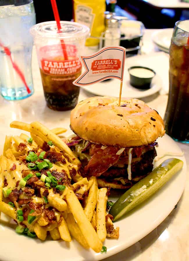 Farrell's Restaurant Corned Beef Burger and Irish Nachos