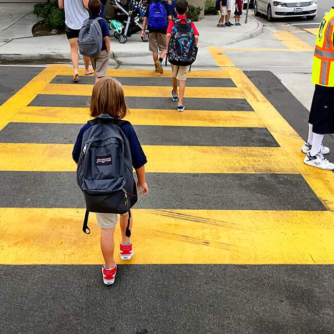 Walking on the crosswalk to school