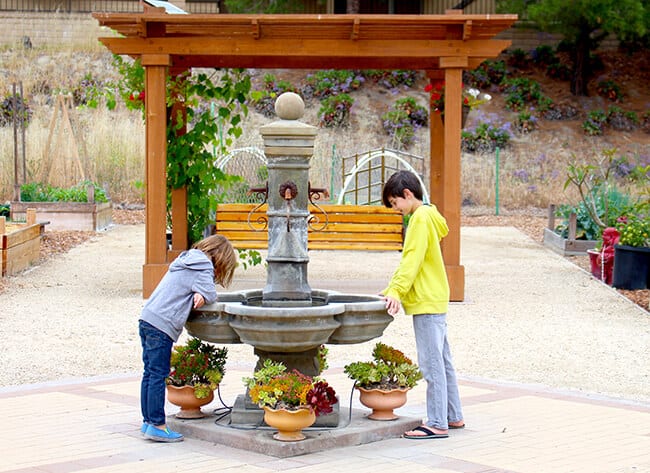 Kids Playing in a Garden Fountain