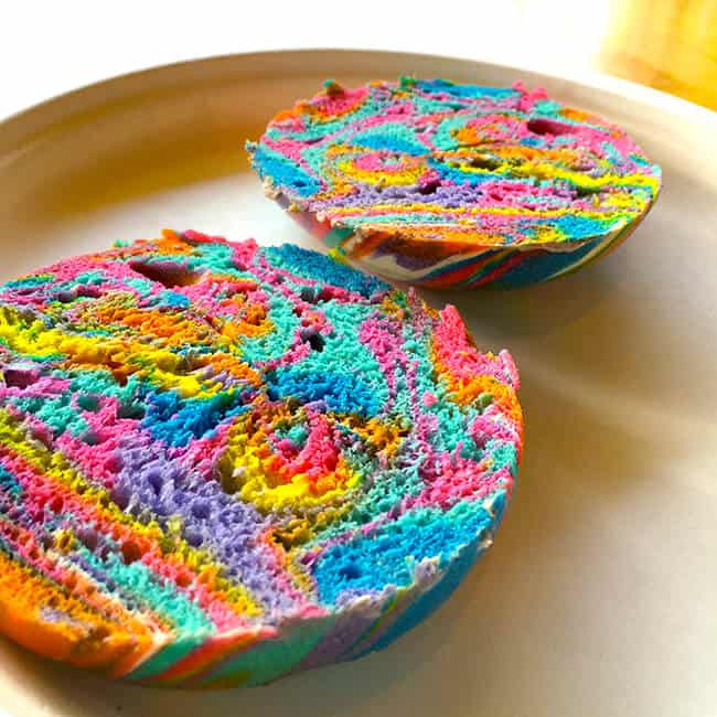 The inside of a Unicorn Rainbow Bagel