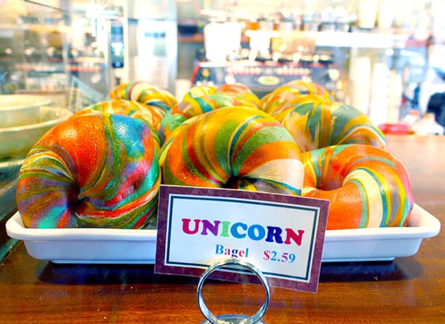 Unicorn Rainbow Bagels at Bagels and Brew